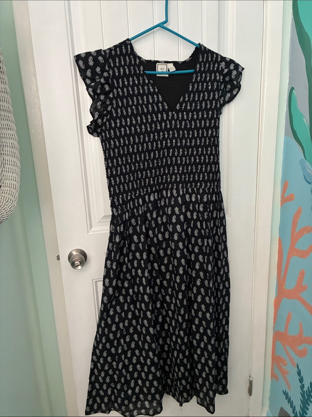 Women’s Navy & White Printed Midi Dress with Cap Sleeves